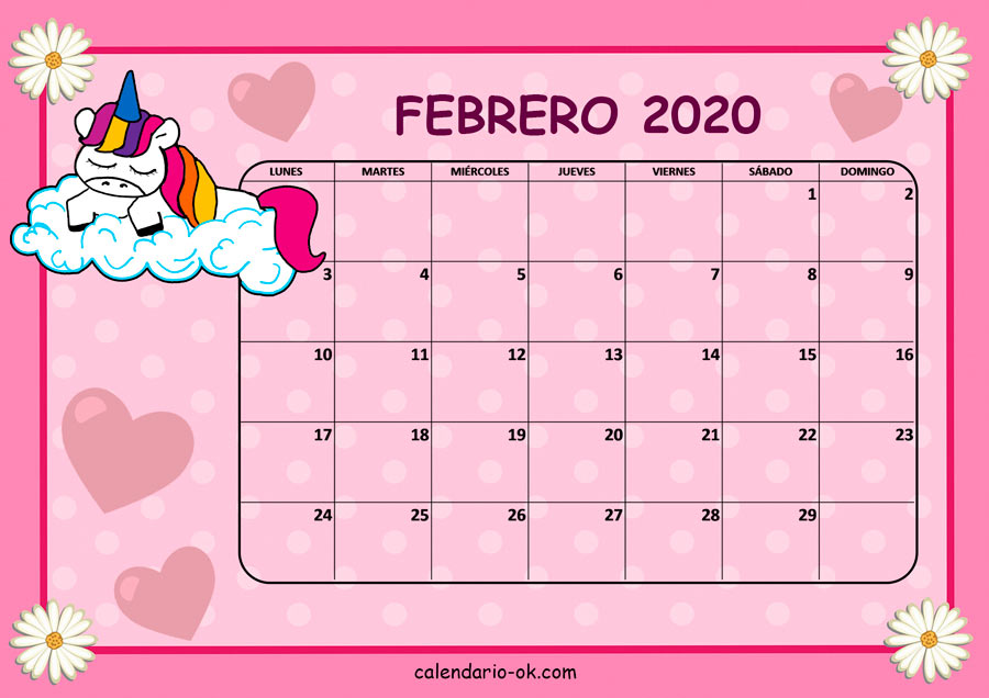 Calendario FEBRERO 2020 UNICORNIO