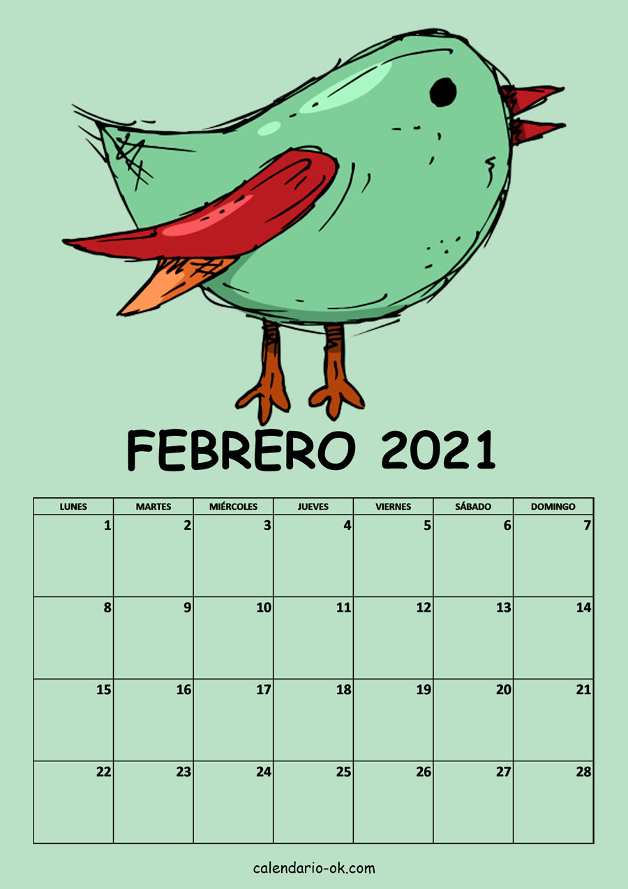 Calendario FEBRERO 2021 DIBUJO PAJAROS