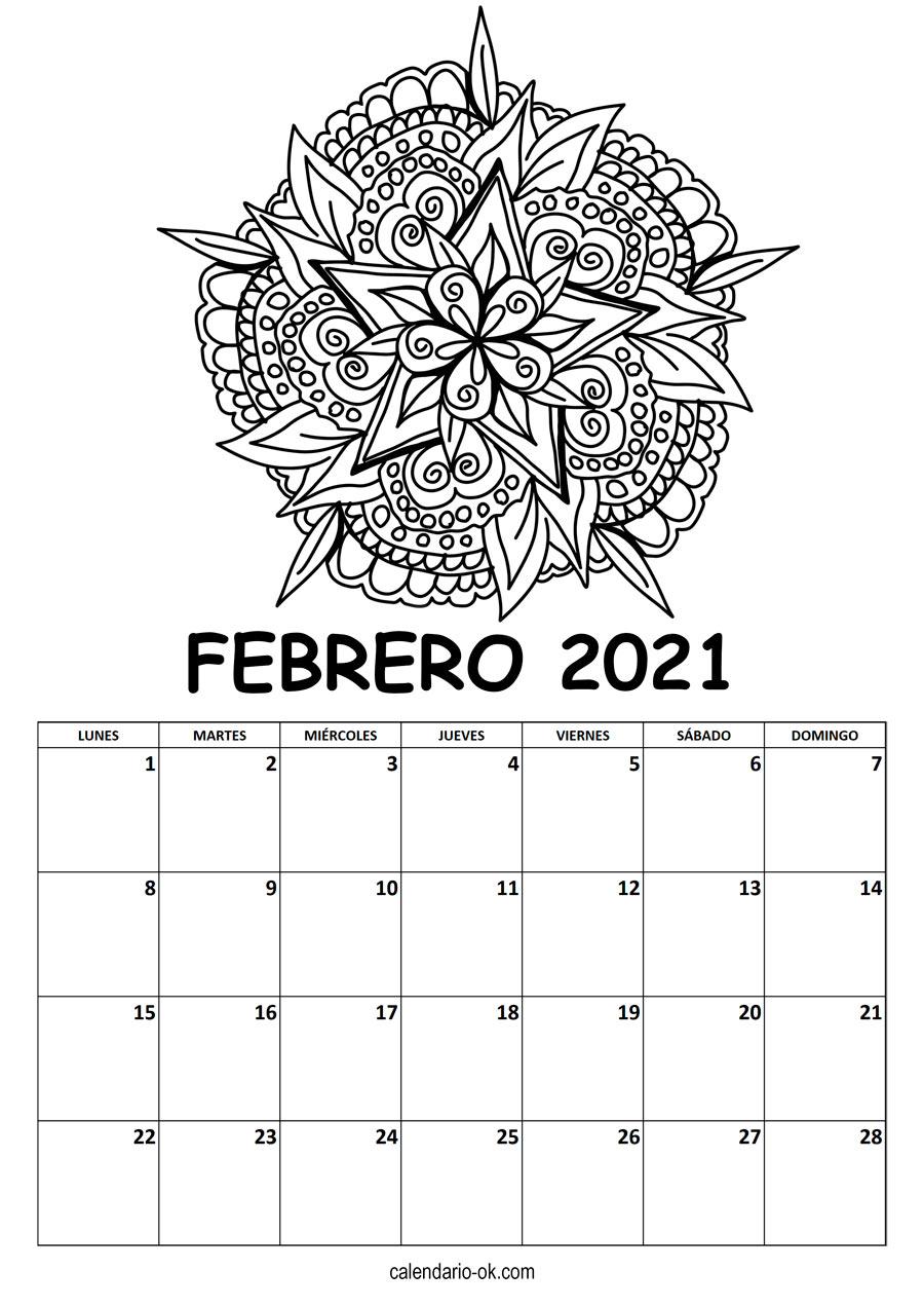 Calendario FEBRERO 2021 MANDALA PARA COLOREAR
