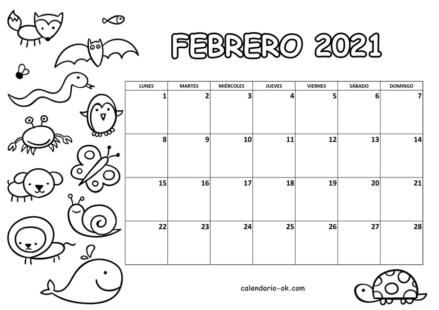 Calendario FEBRERO 2021 para COLOREAR