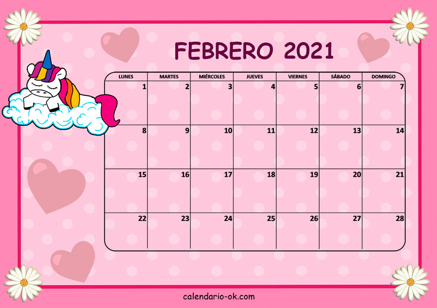 Calendario FEBRERO 2021 UNICORNIO