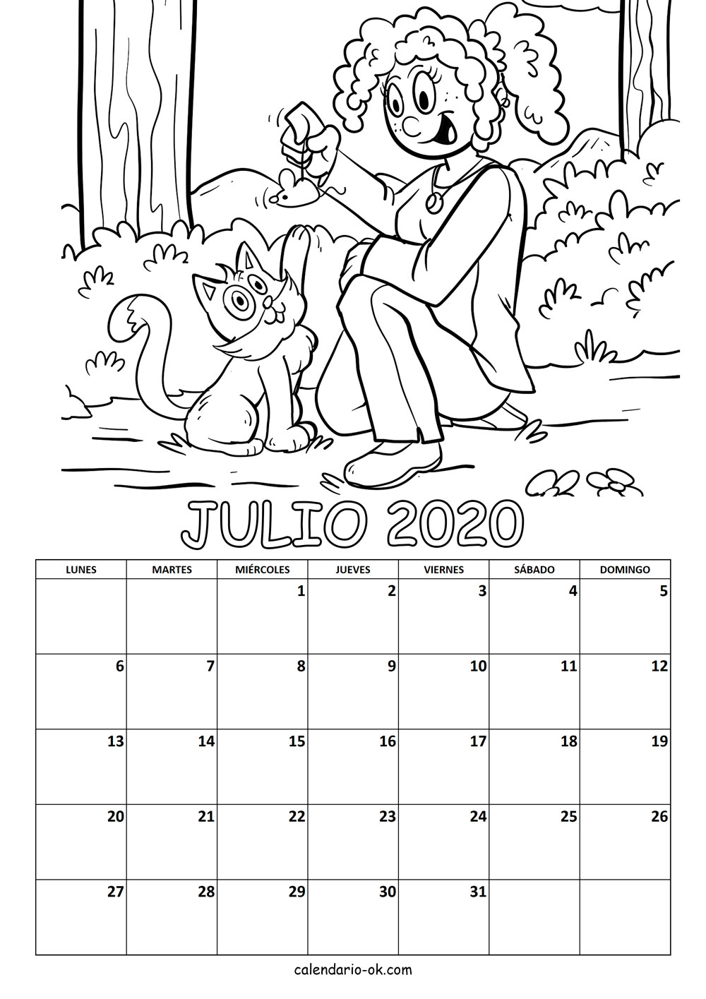 Calendario JULIO 2020 COLOREAR