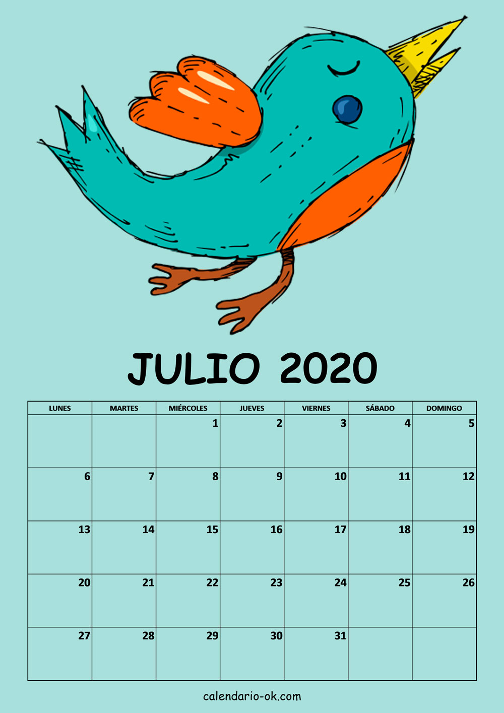 Calendario JULIO 2020 DIBUJO PAJAROS