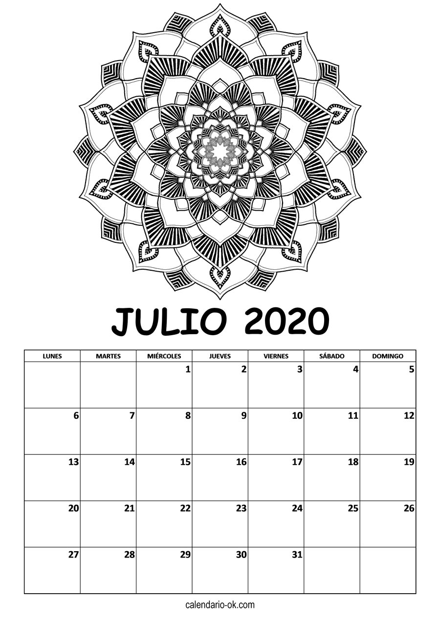 Calendario JULIO 2020 MANDALA PARA COLOREAR