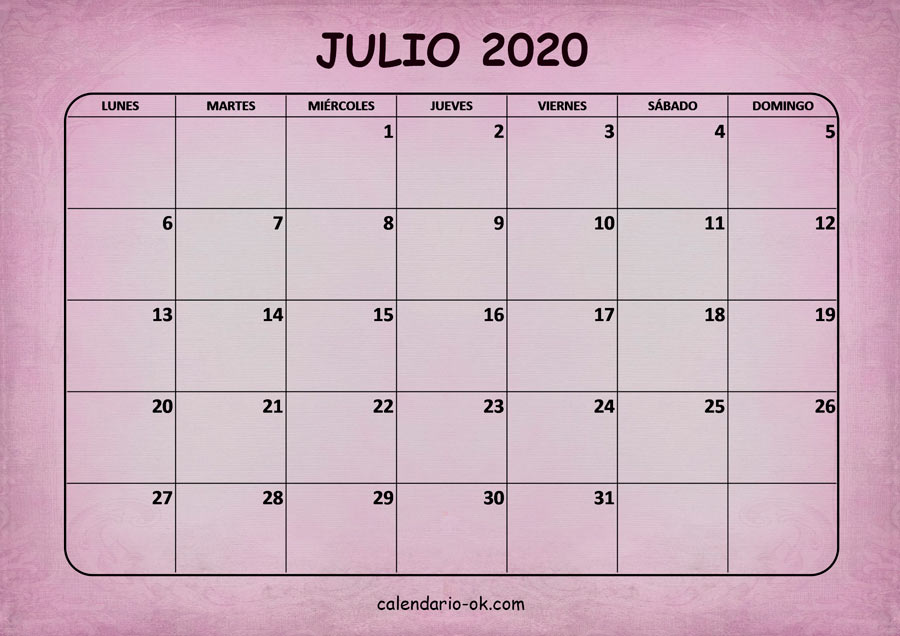 Calendario JULIO 2020 ROSA