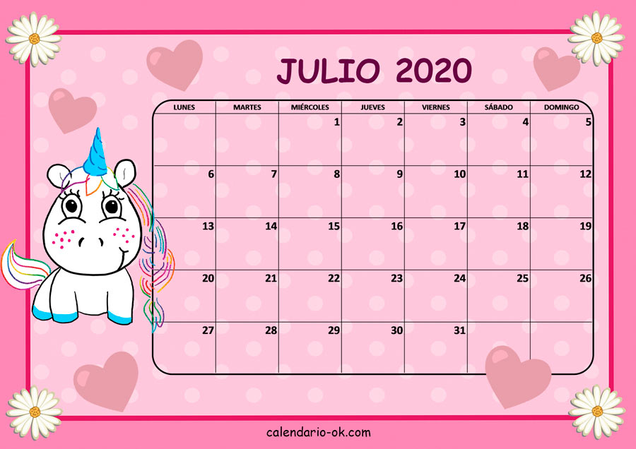 Calendario JULIO 2020 UNICORNIO