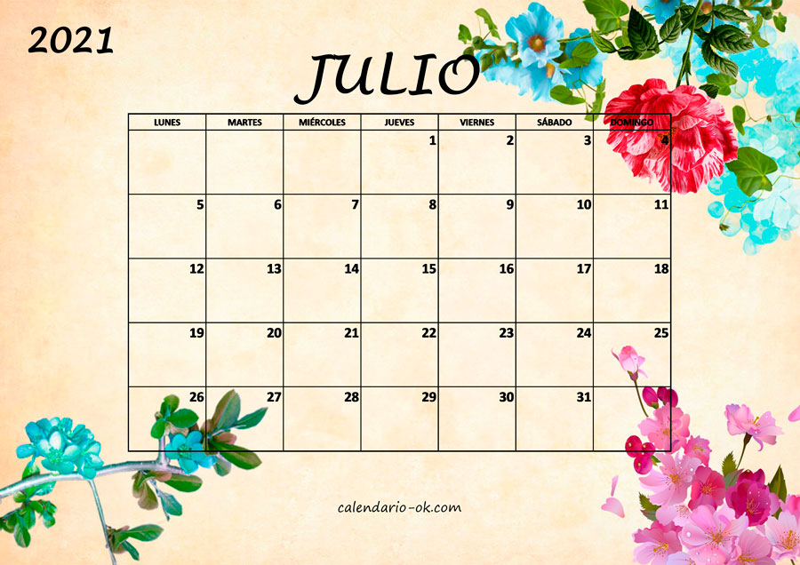 Calendario JULIO 2021 BONITO con FLORES