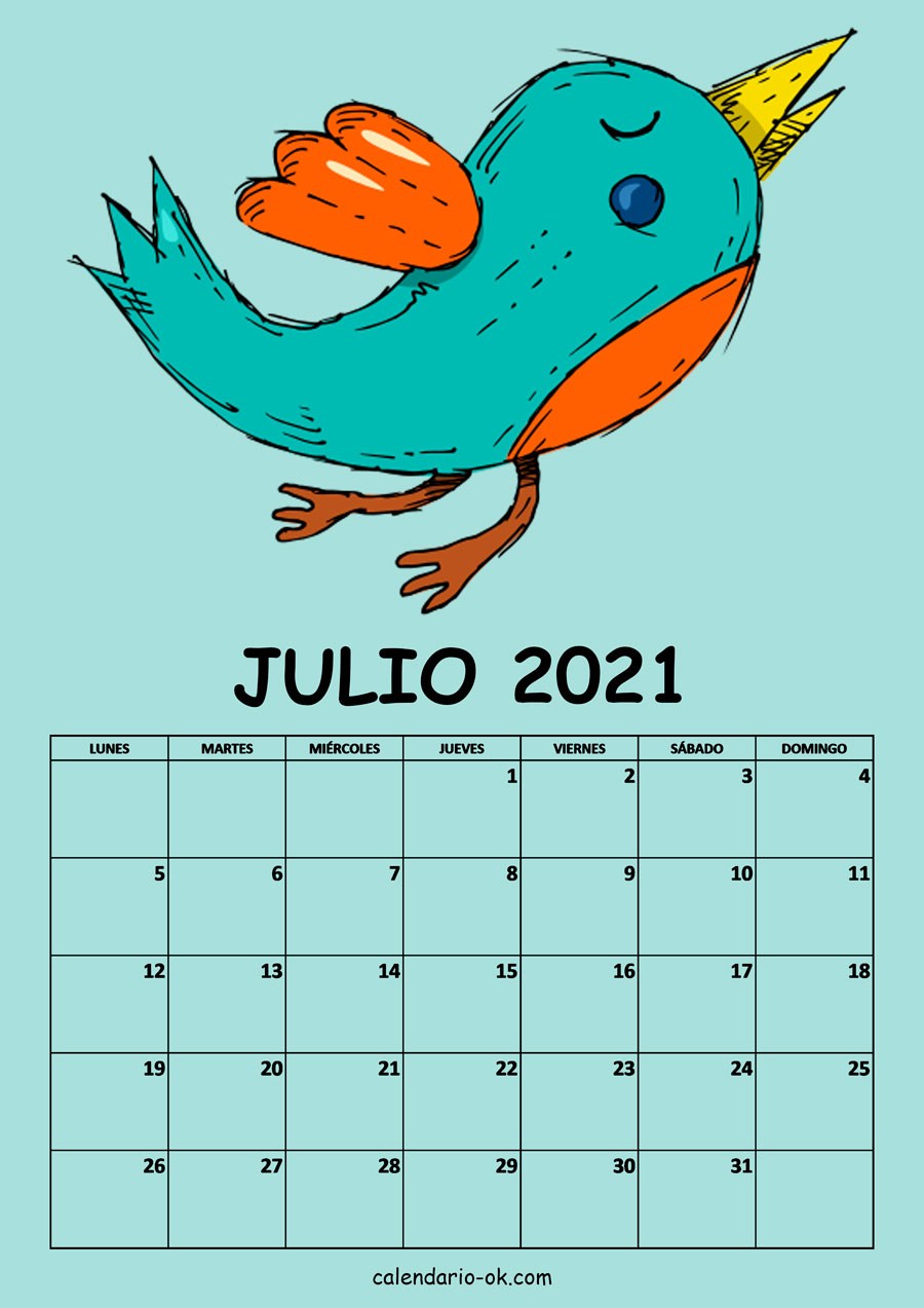 Calendario JULIO 2021 DIBUJO PAJAROS