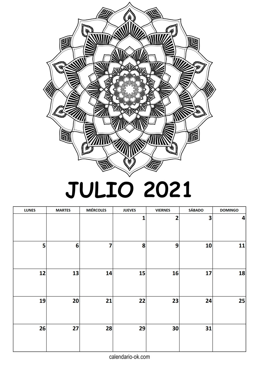 Calendario JULIO 2021 MANDALA PARA COLOREAR