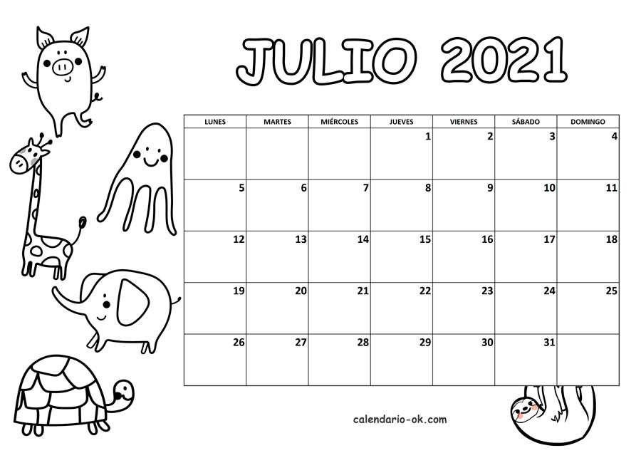 Calendario JULIO 2021 para COLOREAR