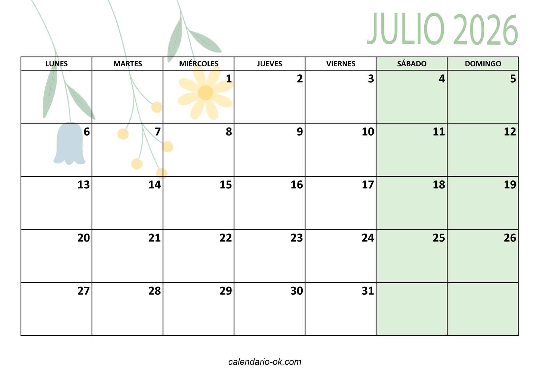 Calendario 2026 Bonito Con Flores Imprimir Gratis