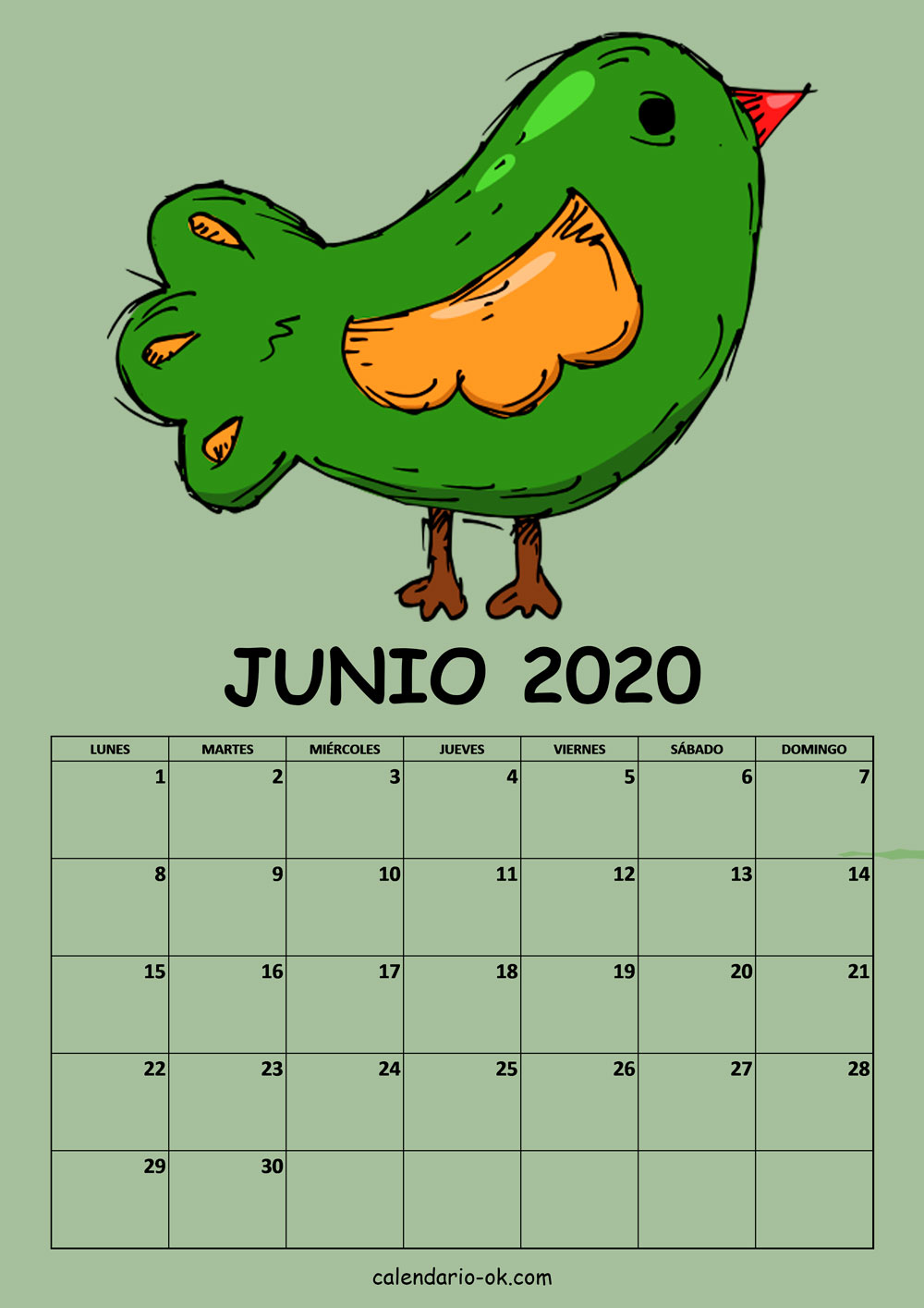 Calendario JUNIO 2020 DIBUJO PAJAROS