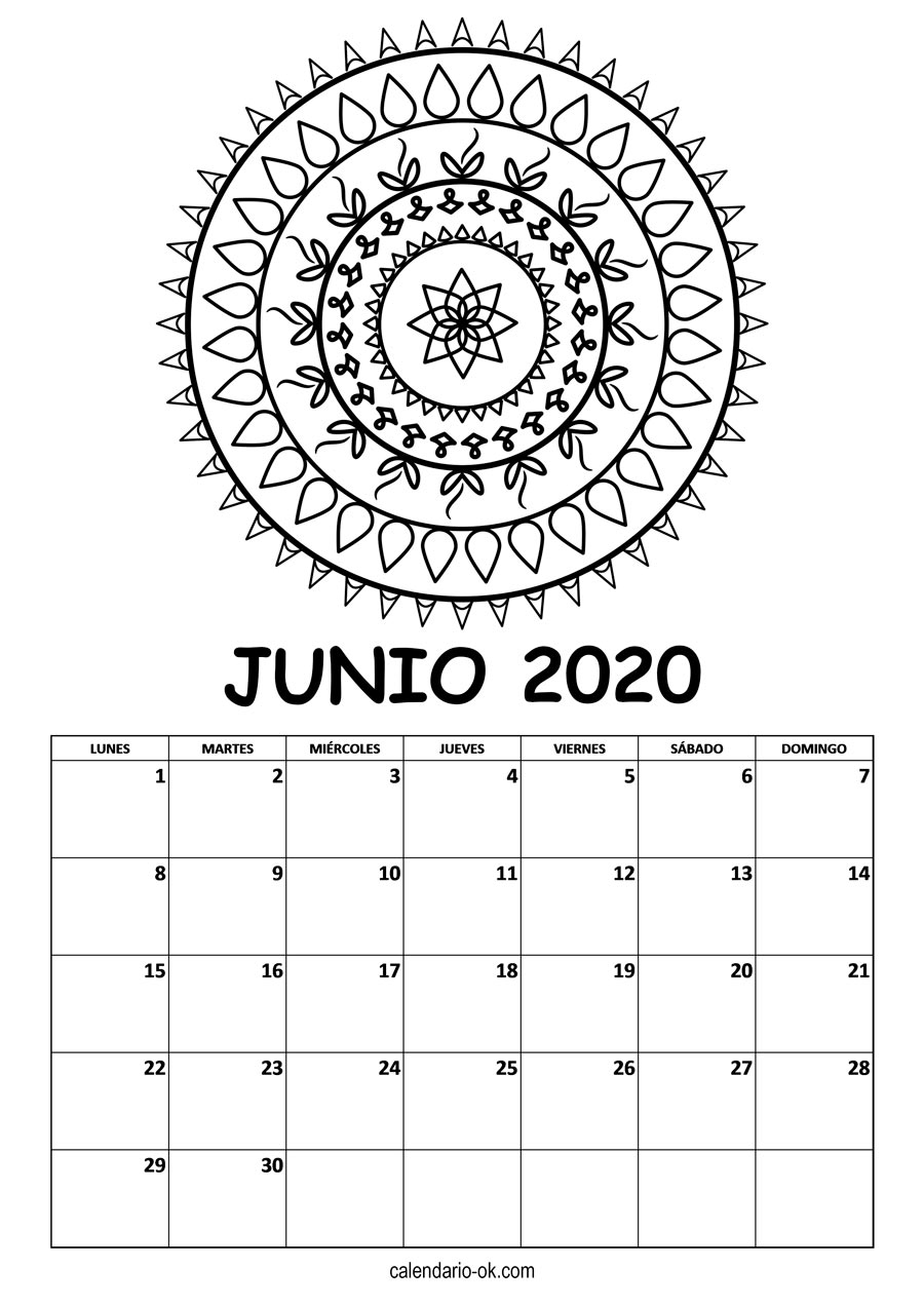 Calendario JUNIO 2020 MANDALA PARA COLOREAR