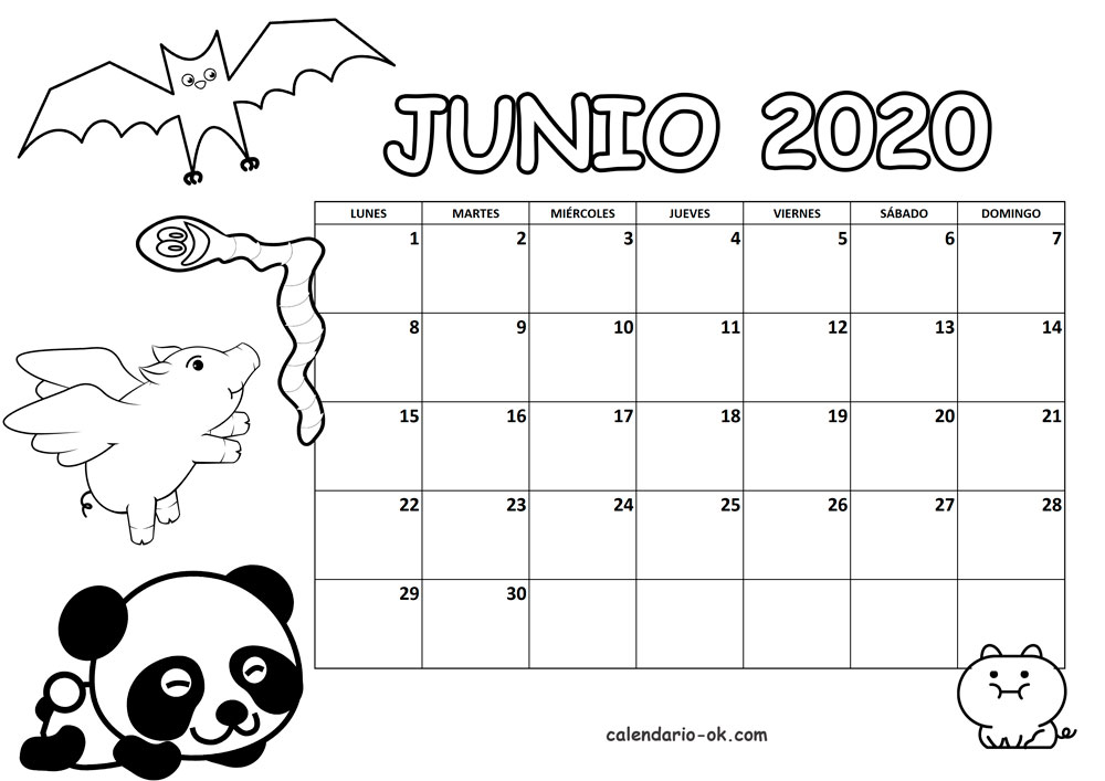 Calendario JUNIO 2020 para COLOREAR
