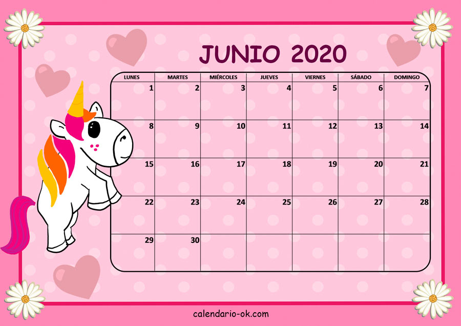 Calendario JUNIO 2020 UNICORNIO