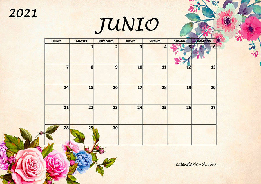 Calendario JUNIO 2021 BONITO con FLORES