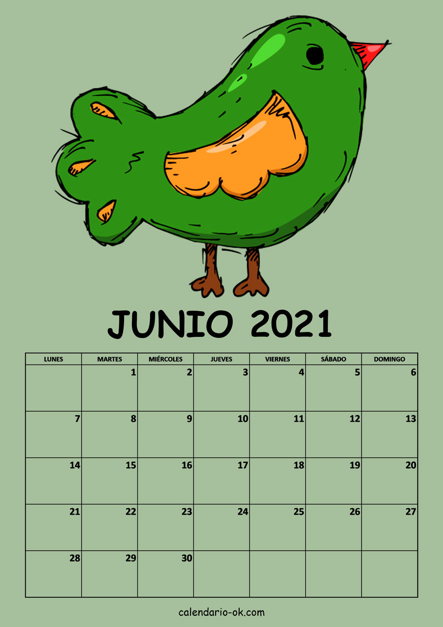 Calendario JUNIO 2021 DIBUJO PAJAROS