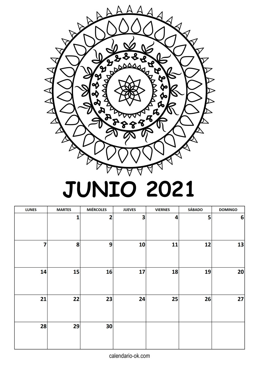 Calendario JUNIO 2021 MANDALA PARA COLOREAR