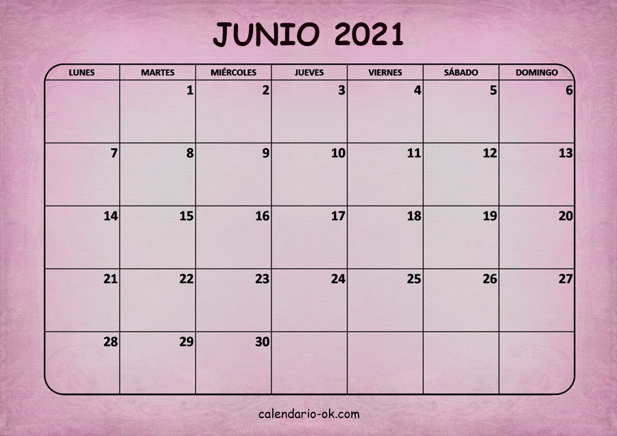 Calendario de JUNIO 2021 en color ROSA. 