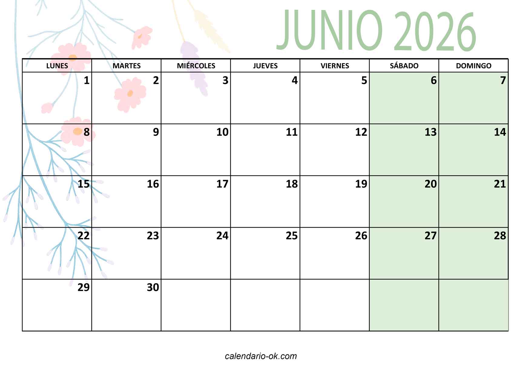 CALENDARIO JUNIO 2026 Para IMPRIMIR En PDF GRATIS 