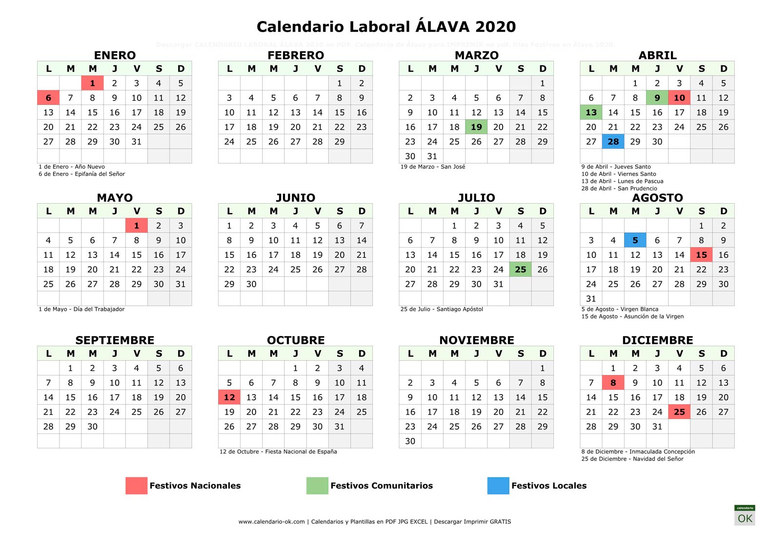 Calendario Laboral Álava 2020 horizontal