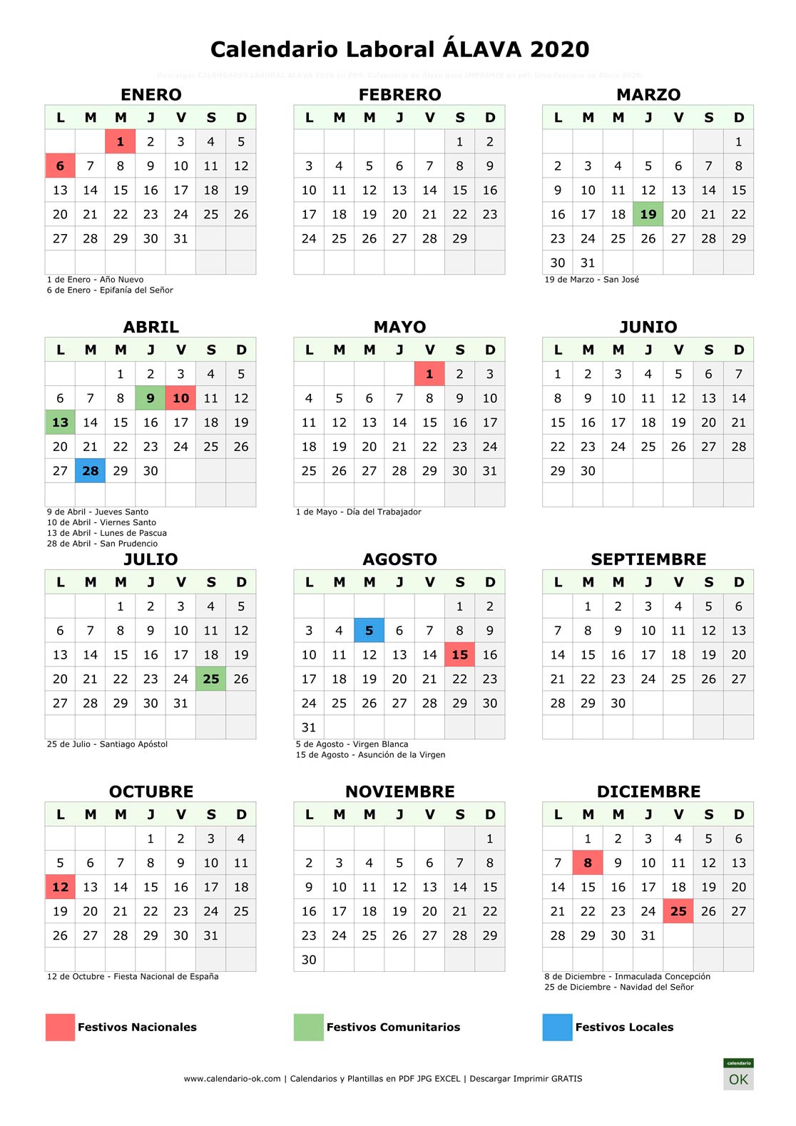 Calendario Laboral Álava 2020