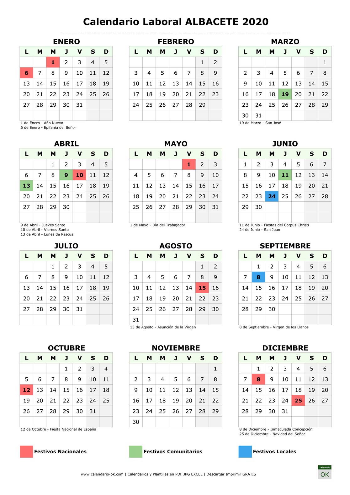 Calendario Laboral ALBACETE 2020