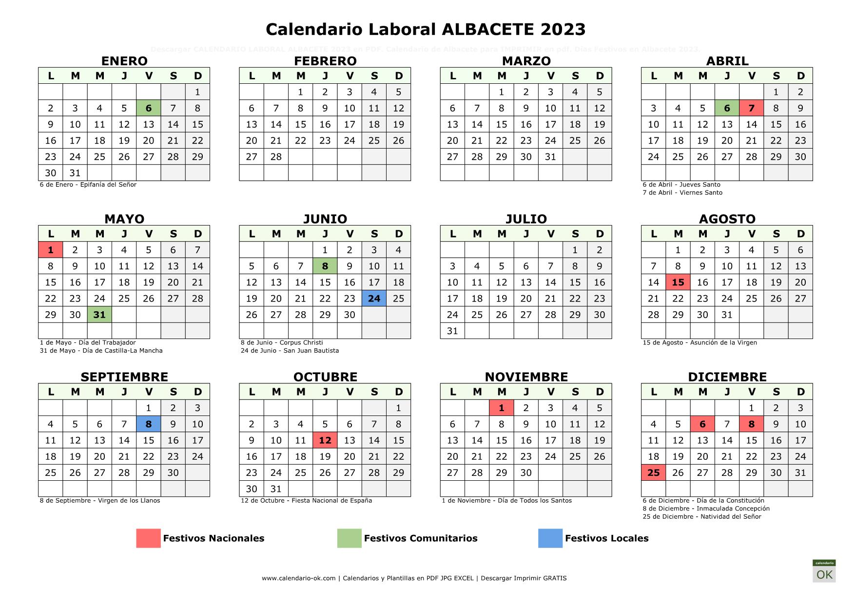 Calendario Laboral Albacete 2023 horizontal