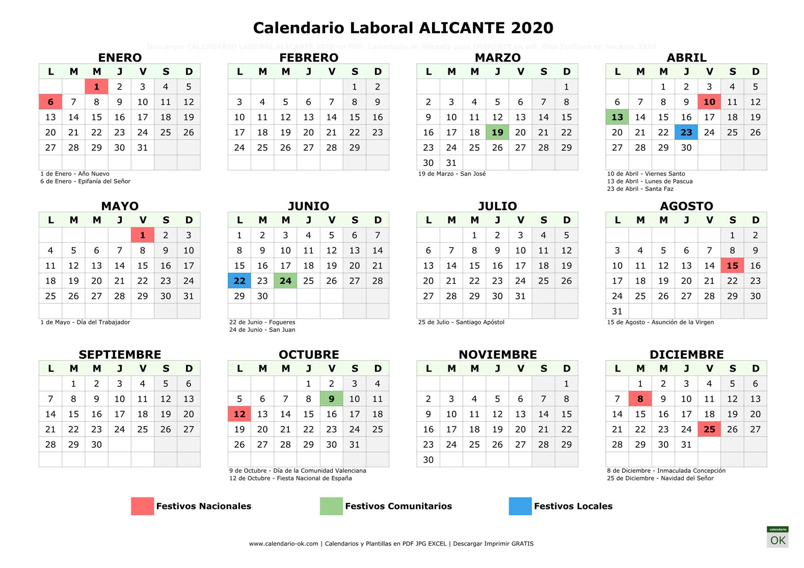Calendario Laboral ALICANTE 2020 horizontal