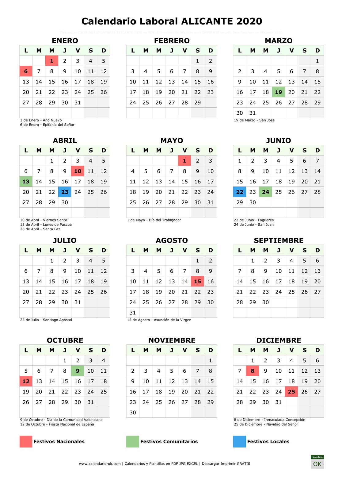Calendario Laboral ALICANTE 2020