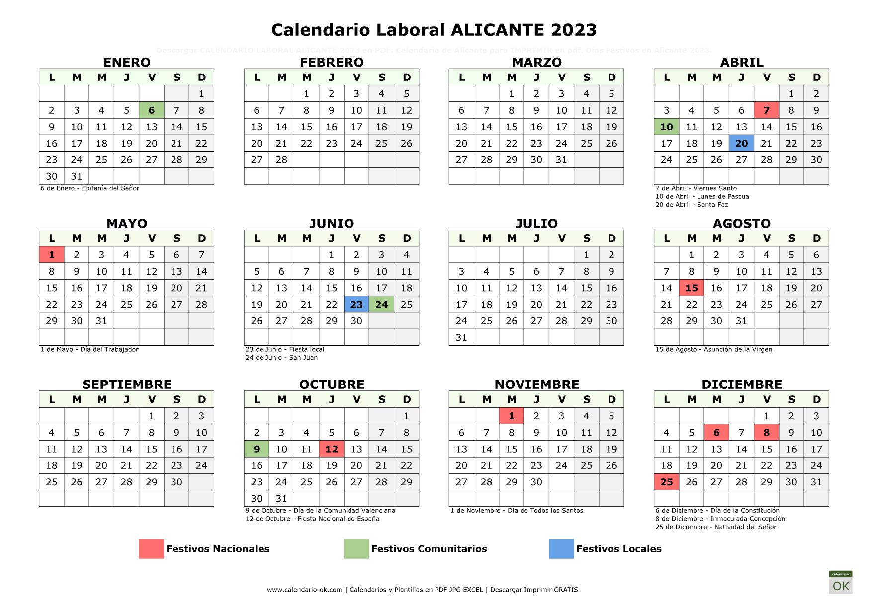 Calendario Laboral Alicante 2023 horizontal