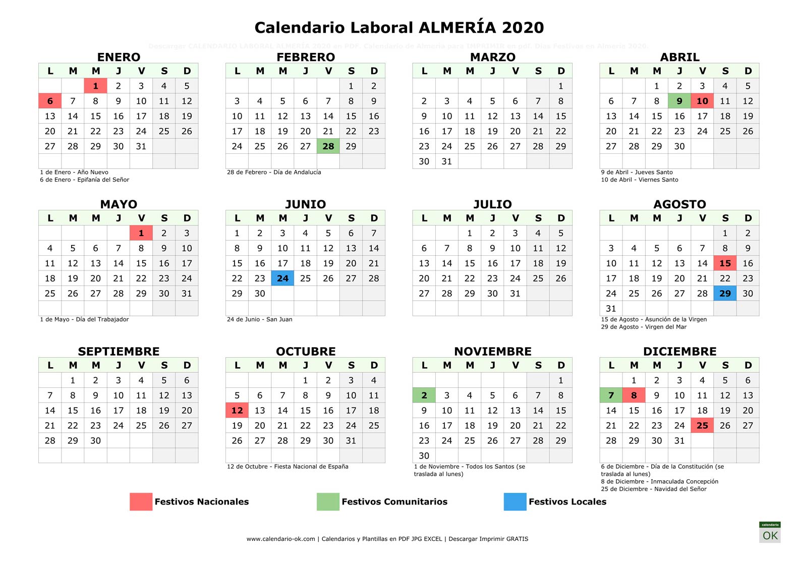 Calendario Laboral ALMERÍA 2020 horizontal
