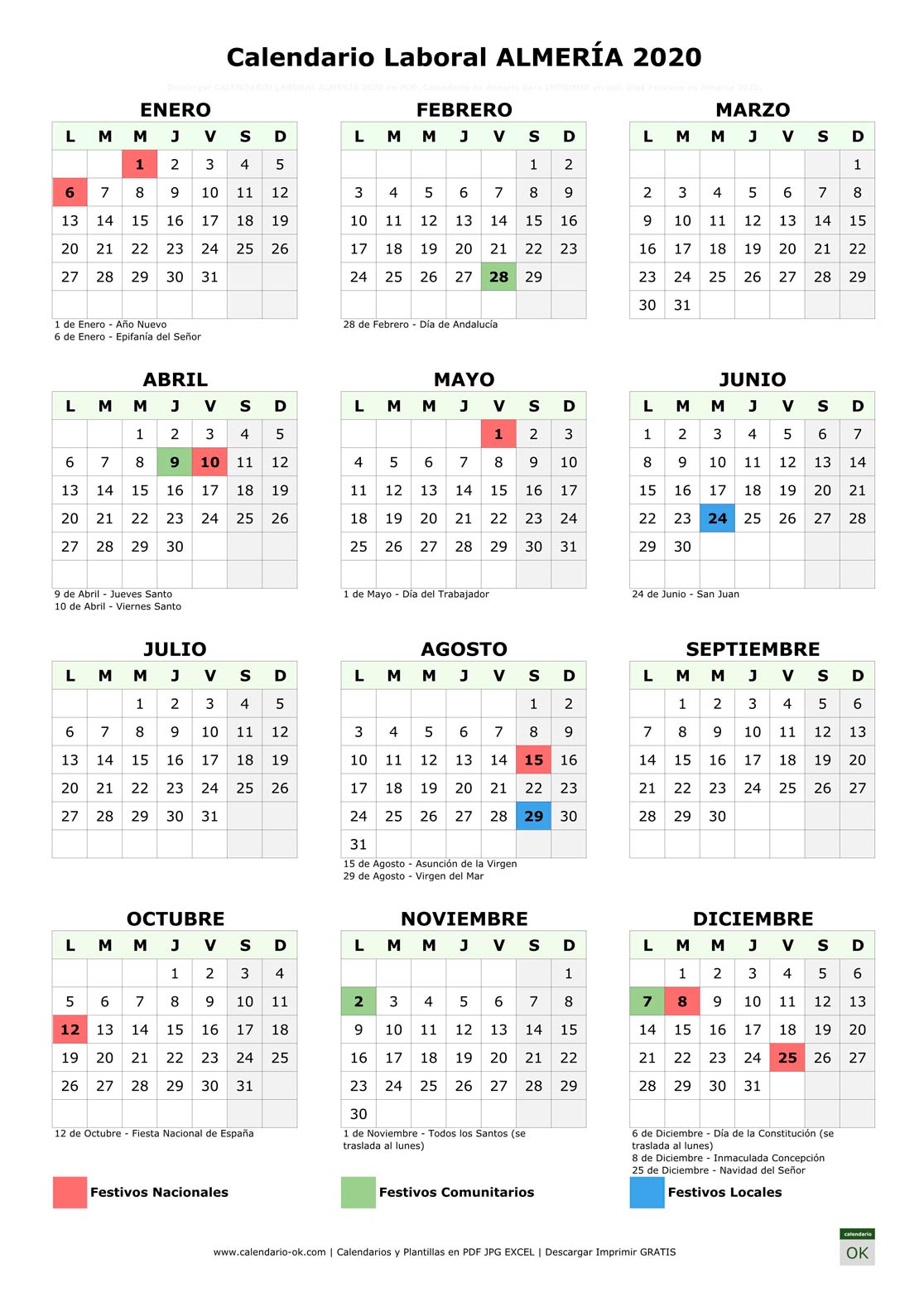 Calendario Laboral ALMERÍA 2020