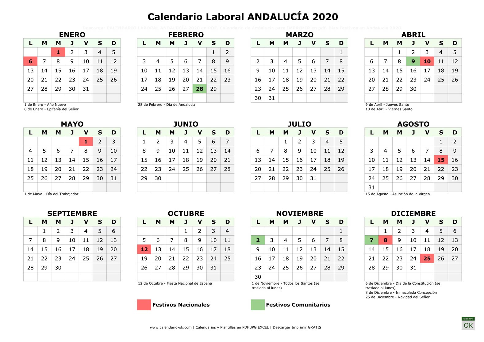 Calendario Laboral ANDALUCÍA 2020 horizontal