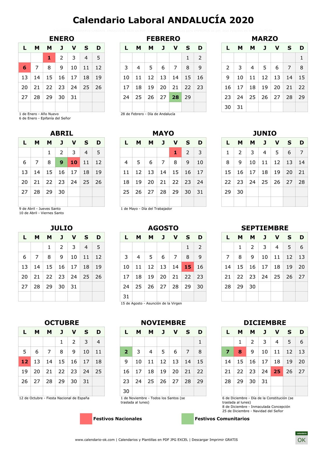 Calendario Laboral ANDALUCÍA 2020