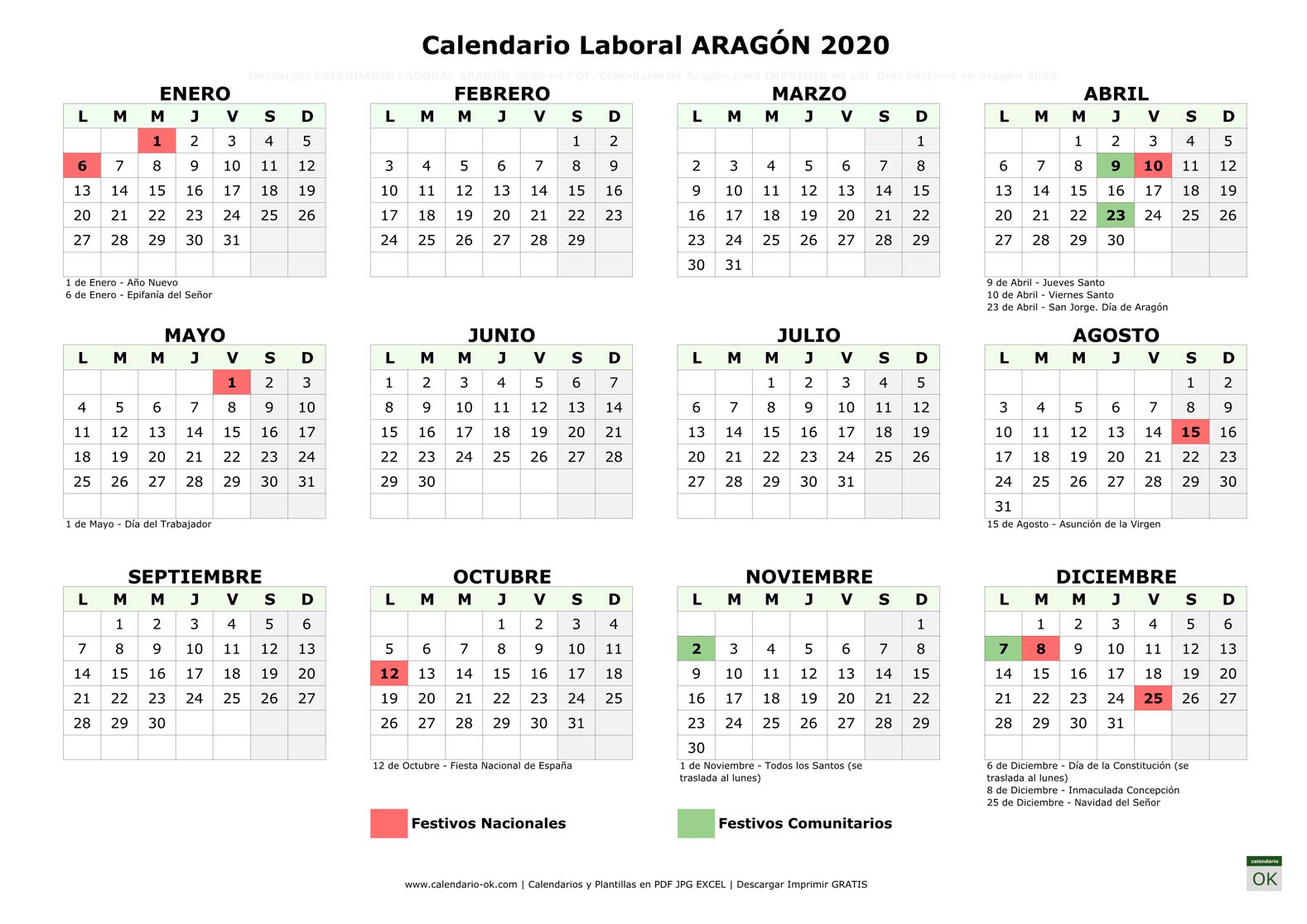 Calendario Laboral ARAGÓN 2020 horizontal