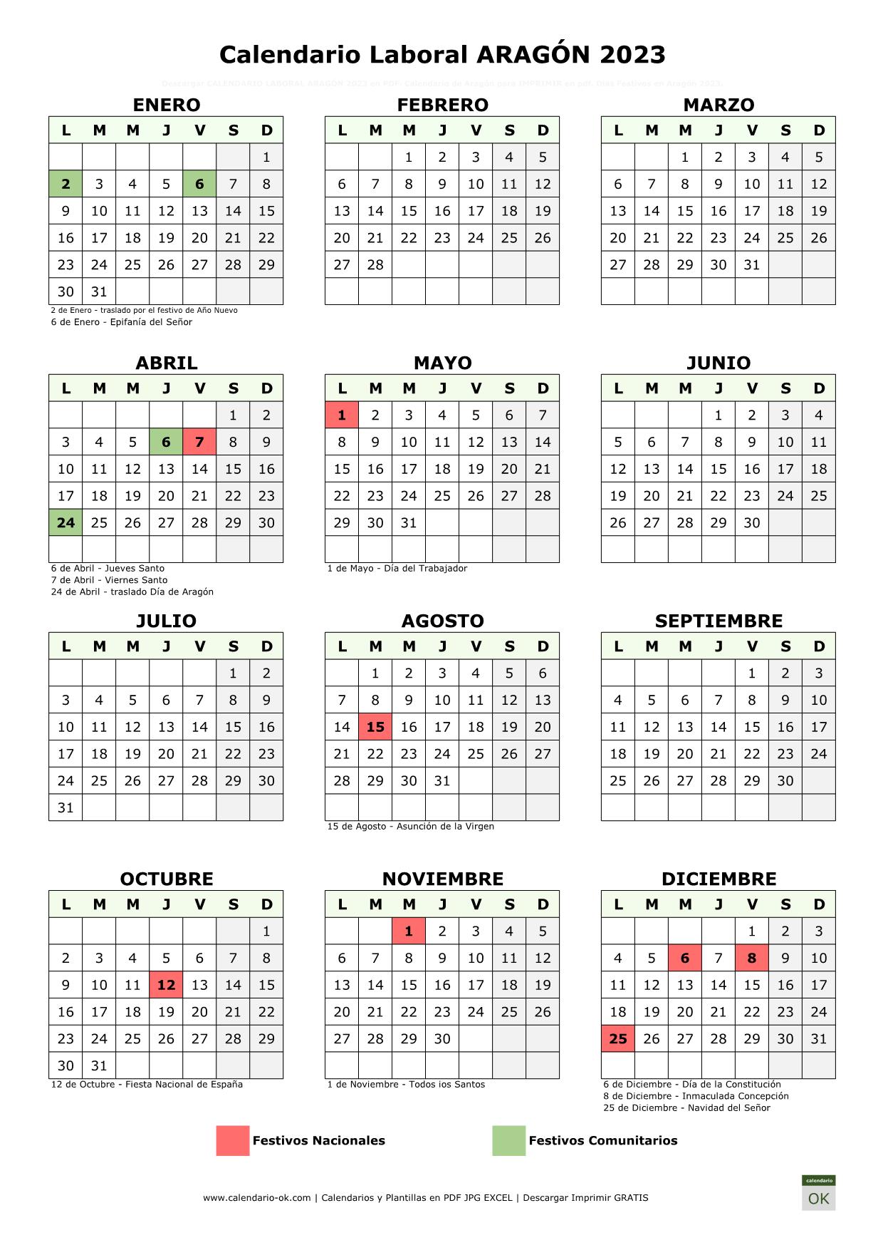 Calendario Laboral ARAGÓN 2023