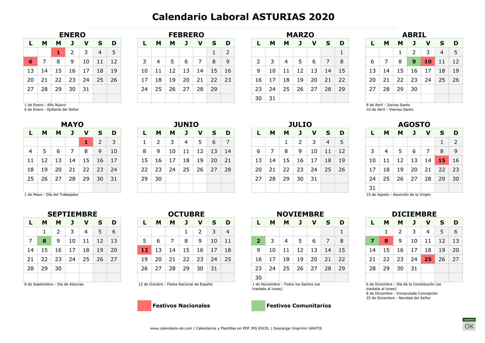 Calendario Laboral ASTURIAS 2020 horizontal