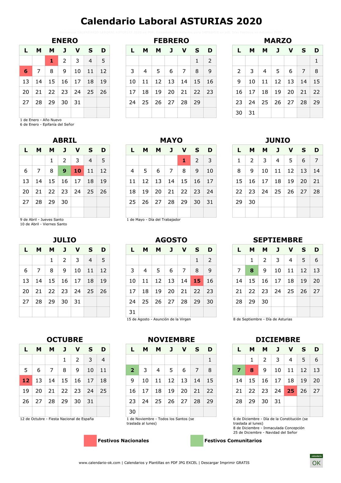 Calendario Laboral ASTURIAS 2020