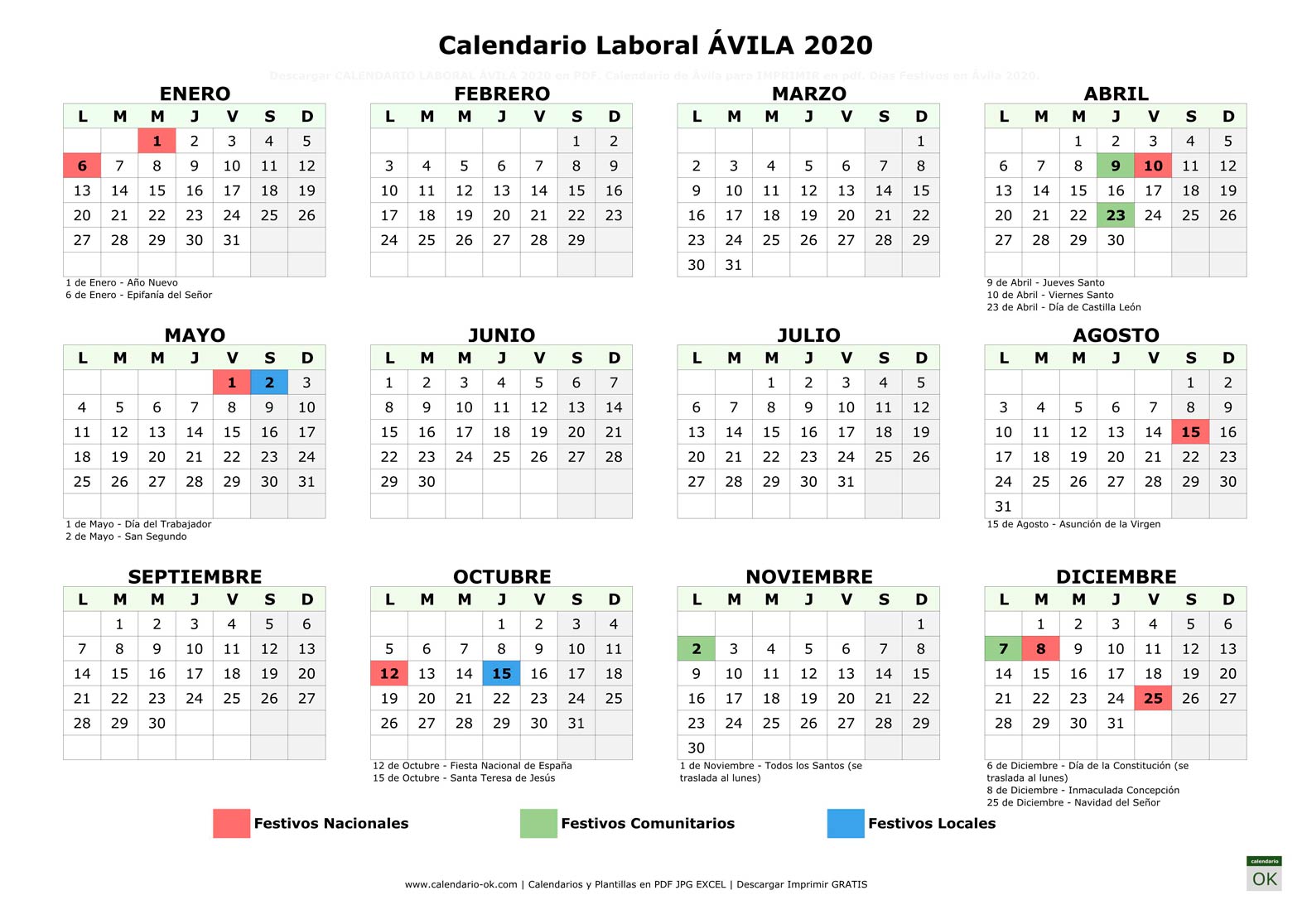 Calendario Laboral ÁVILA 2020 horizontal