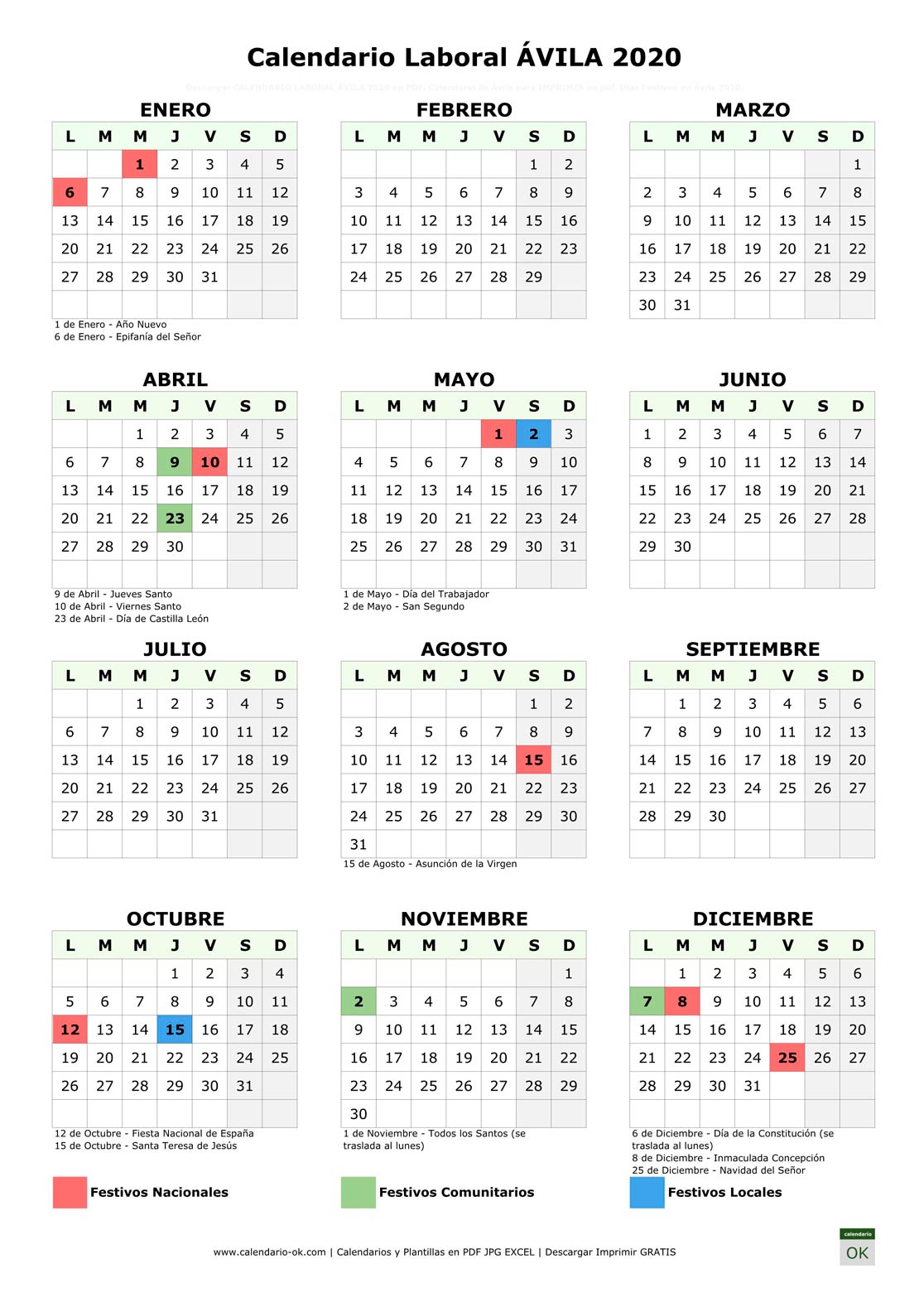 Calendario Laboral ÁVILA 2020