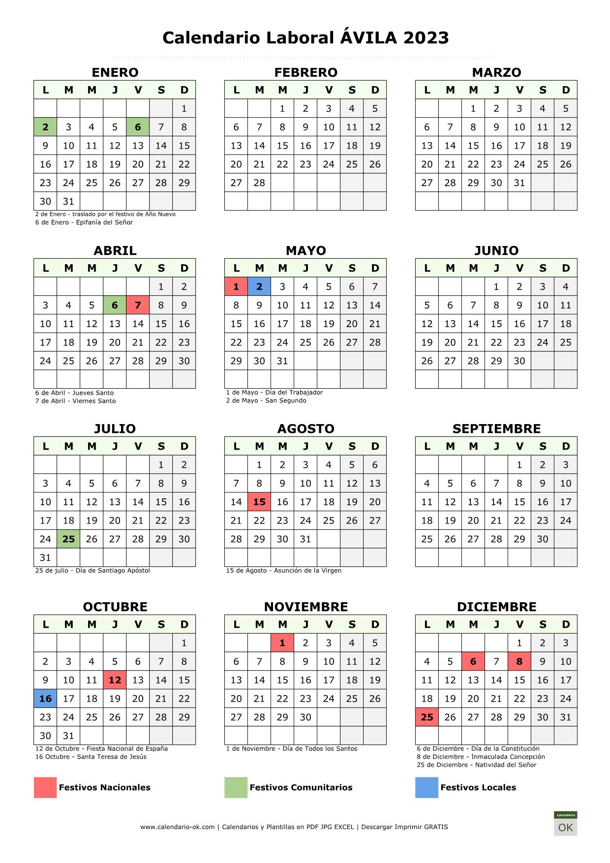Calendario Laboral Ávila 2023