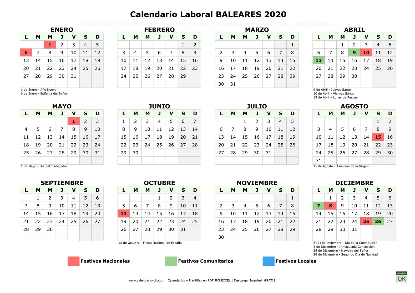 Calendario Laboral BALEARES 2020 horizontal