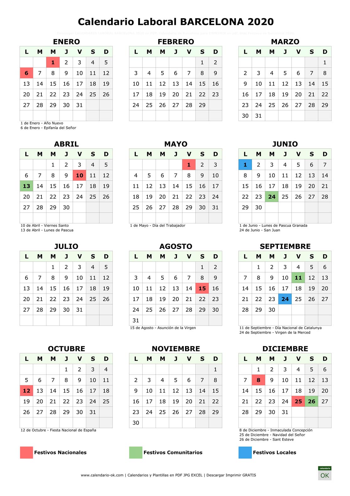 Calendario Laboral 【BARCELONA 2020】 para IMPRIMIR