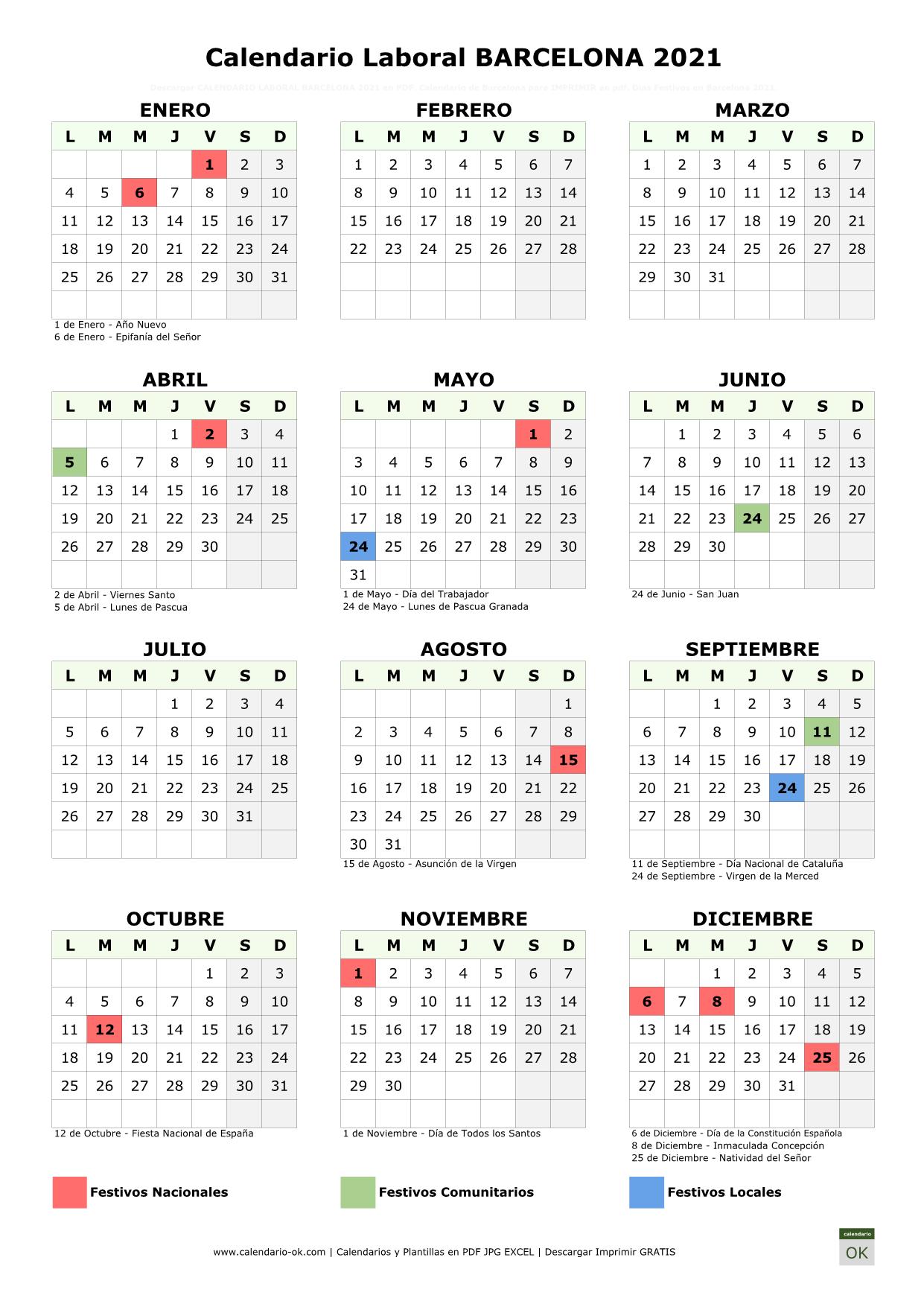 Calendario Laboral 【BARCELONA 2021】 para IMPRIMIR