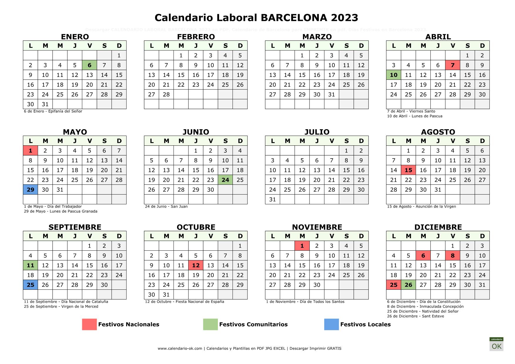 Calendario Laboral Barcelona 2023 horizontal