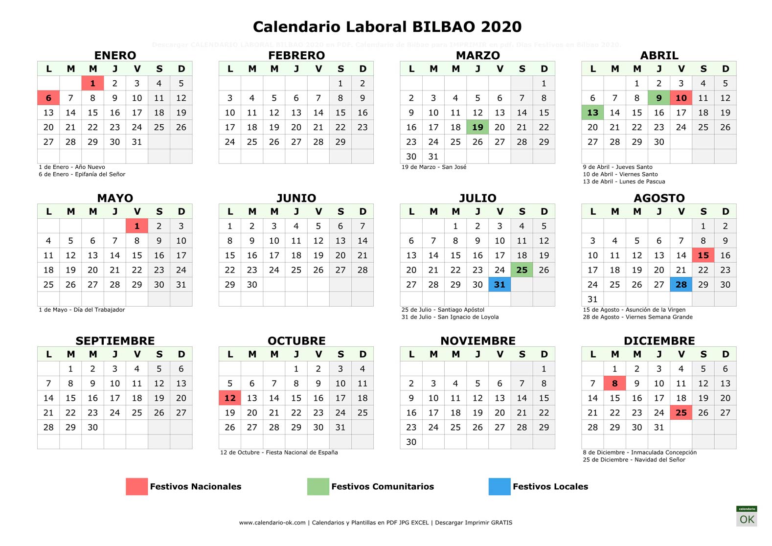 Calendario Laboral BILBAO 2020 horizontal