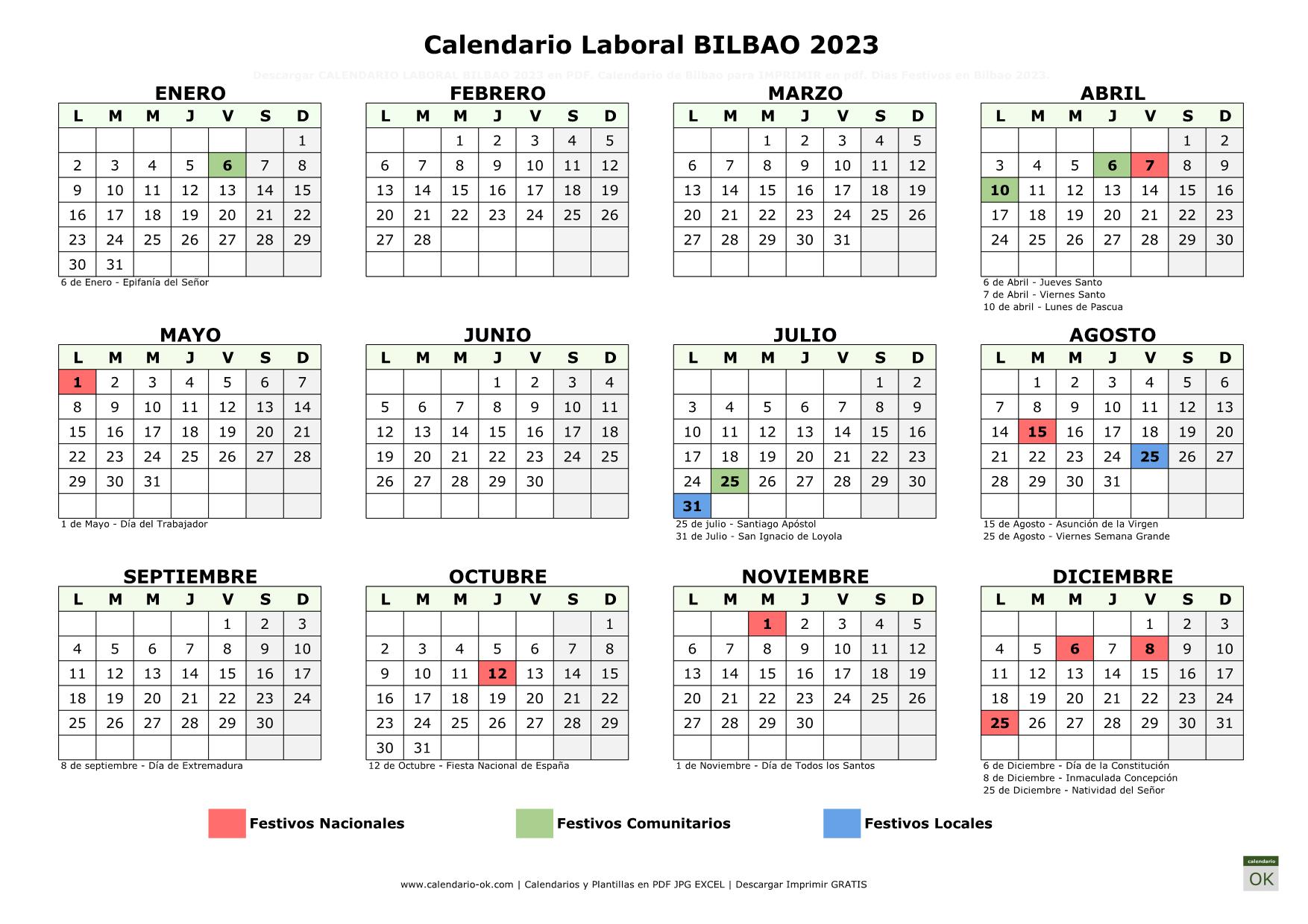 Calendario Laboral Bilbao 2023 horizontal