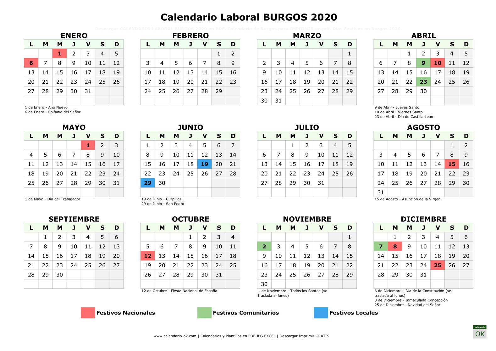 Calendario Laboral BURGOS 2020 horizontal