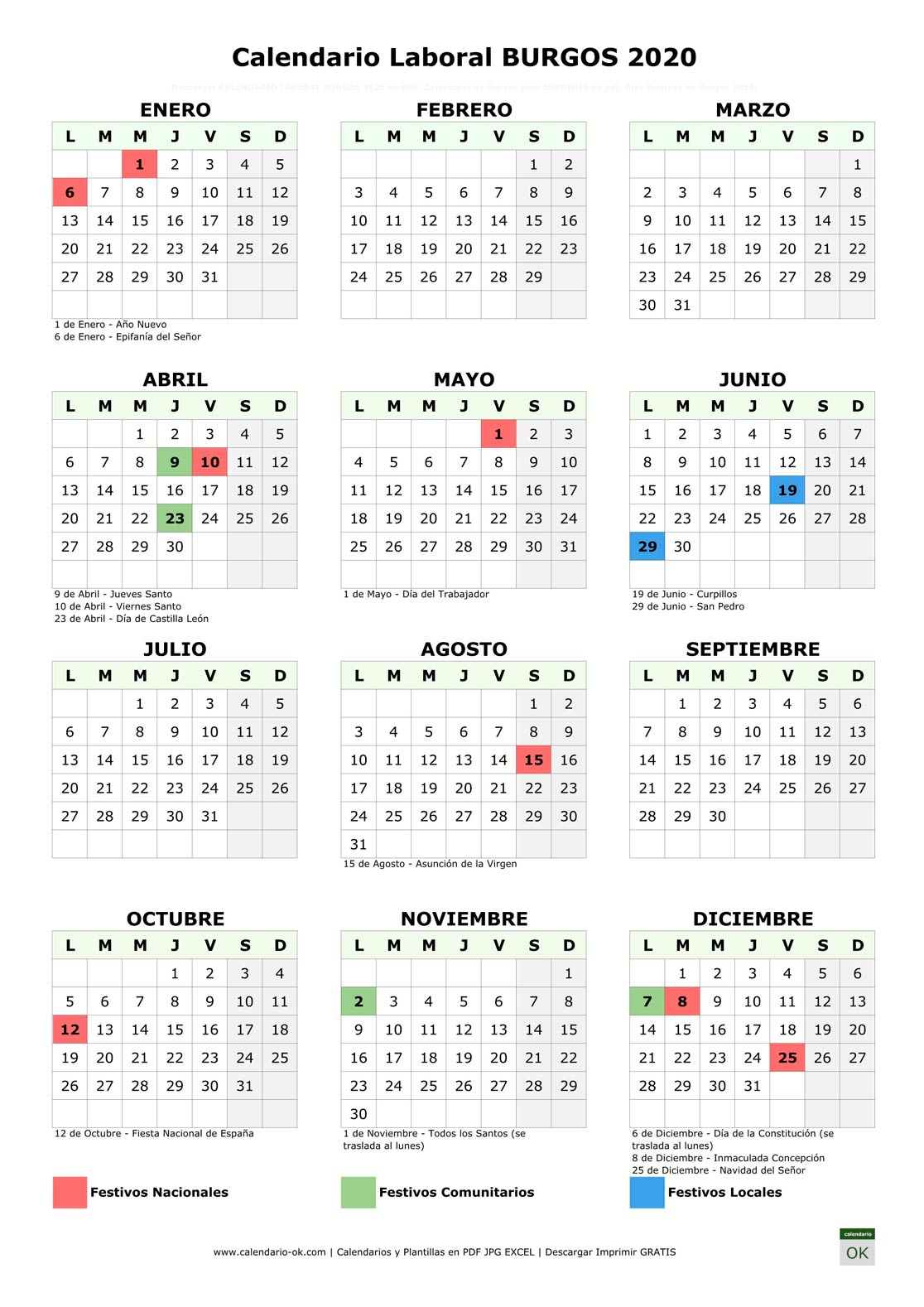 Calendario Laboral BURGOS 2020